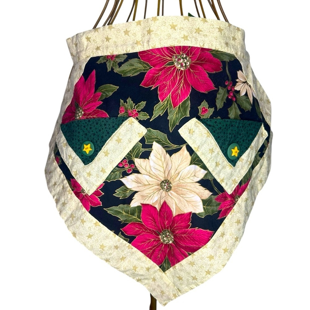 Handmade Vintage Poinsettia Christmas Apron - vintage Button Decals - One Size